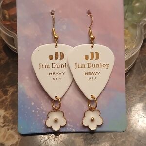 White Guitar Pick Drop Earrings with Flower Charm